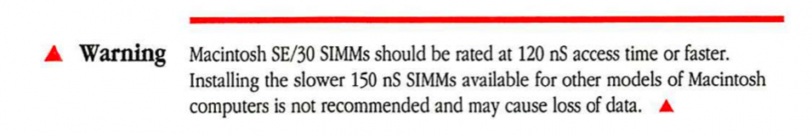 SE:30 RAM SIMMs should be rated at 120 nS or faster.png