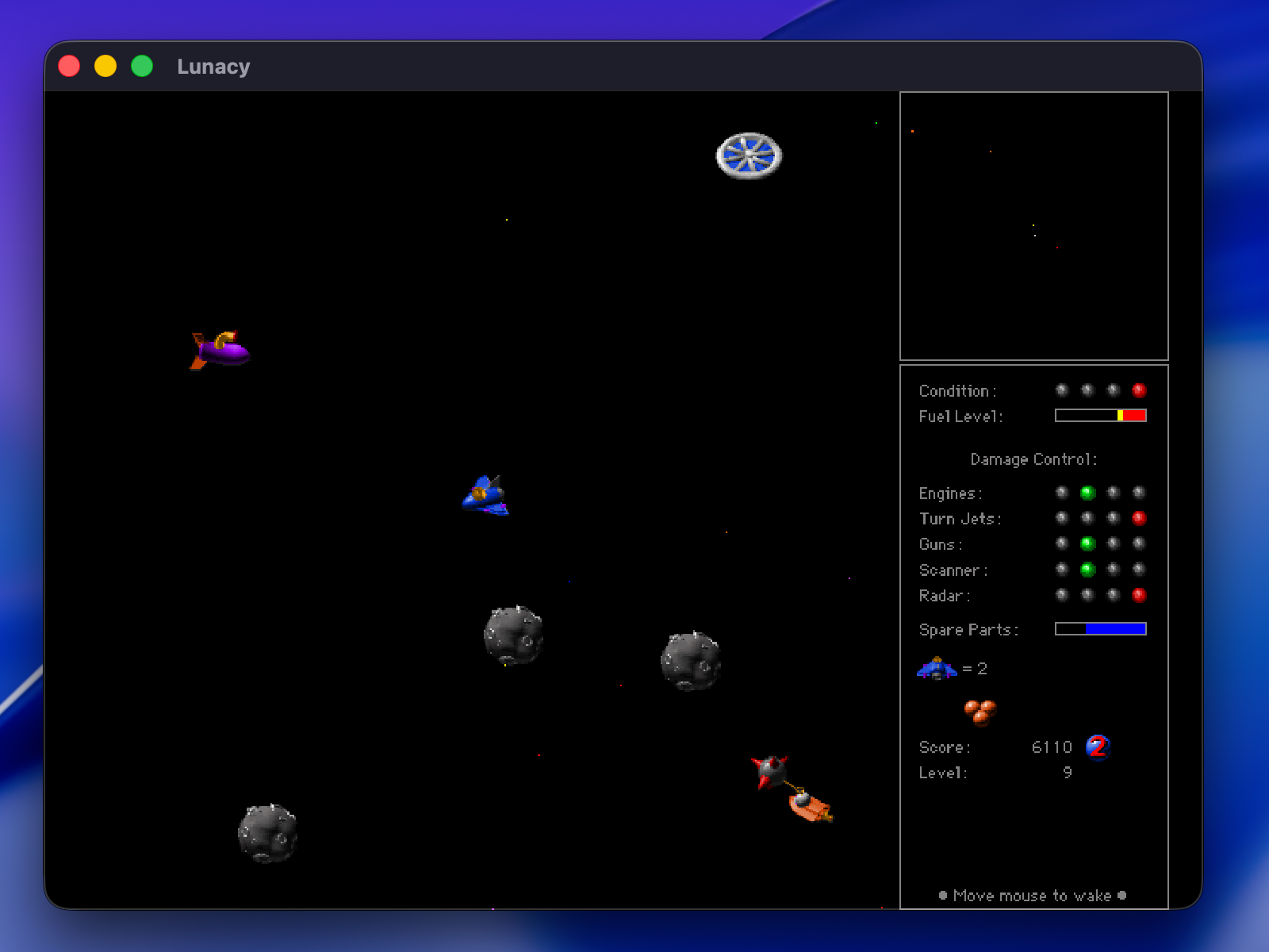 Lunatic Fringe gameplay in Lunacy — the player's ship navigates a starfield against enemy craft.